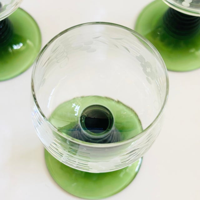 Green Etched German Roemer Coupe Wine Glasses With Green Stems - Set of 6 For Sale - Image 8 of 8