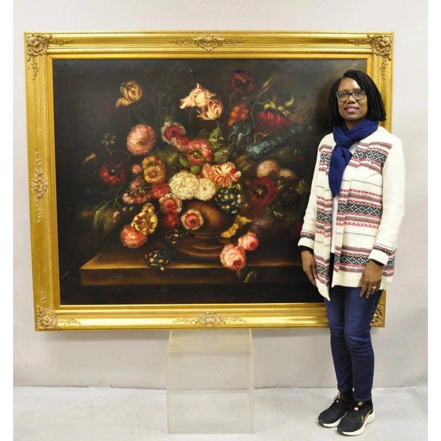 Vintage Large French 58 x 70 Gold Frame Still Life Oil Painting with Bouquet of Flowers. Item features a large gold carved...
