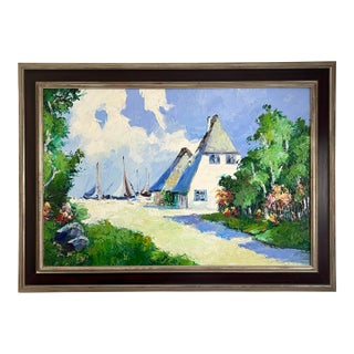 Large Late 20th Century Signed Original Impressionist Painting of Seaside Villa and Sailboats, Framed For Sale