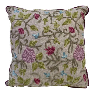 Square Pillow With. Pink and Lavender Embroidered Floral Pattern, Made in U K For Sale