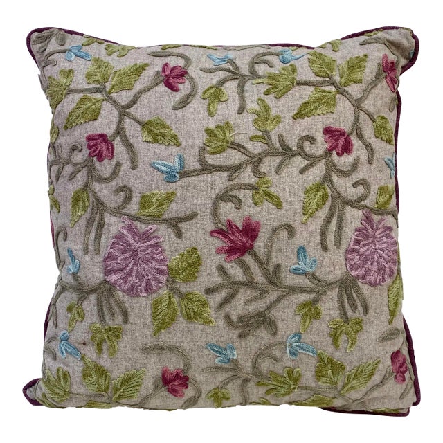 Square Pillow With. Pink and Lavender Embroidered Floral Pattern, Made in U K For Sale
