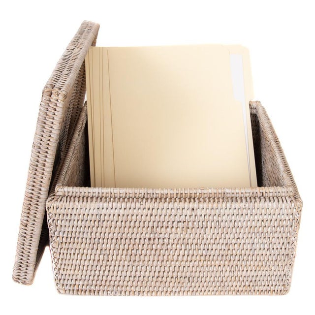 Wood Artifacts Rattan Flat File Organizer Storage Box with Lid in White Wash For Sale - Image 7 of 9
