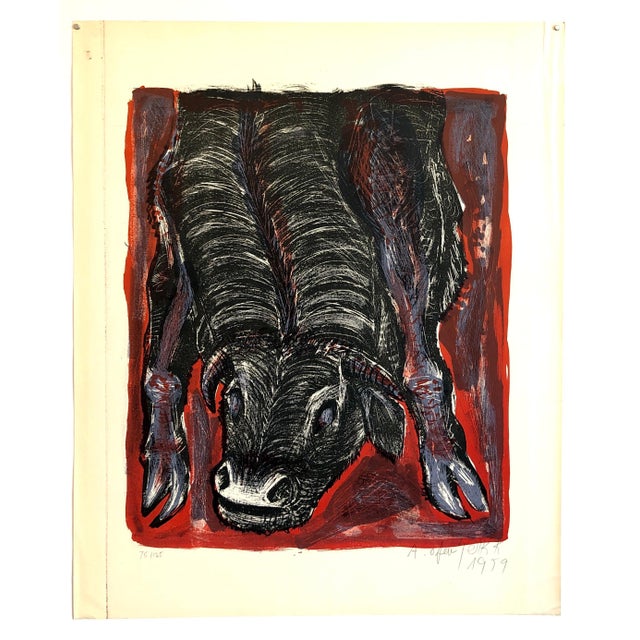 Avraham Ofek, 1959 Israeli Avraham Ofek Leviathan Modernist Lithograph, Bull, Bezalel School, c.1959 For Sale In Miami - Image 6 of 6