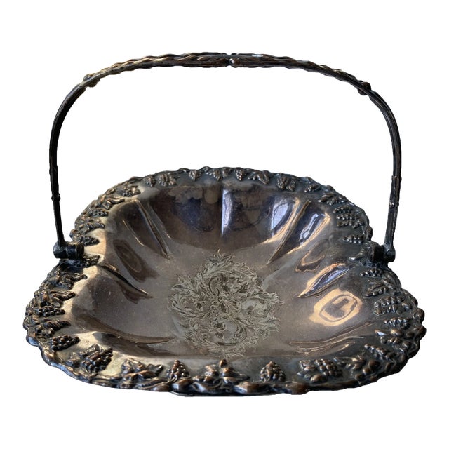 1910s Victorian Grape Vine Design Silver Plated Wedding Basket For Sale