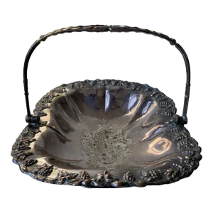 1910s Victorian Grape Vine Design Silver Plated Wedding Basket
