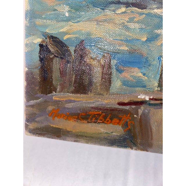 Blue Vintage Signed Maritime Habor Oil Painting Harbor Scene With a Boat For Sale - Image 8 of 12