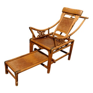 Victorian Wishbone Bamboo & Cane Reclining Armchairs with Pull Out Ottoman, Set of 2 For Sale