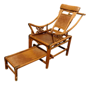 Victorian Wishbone Bamboo & Cane Reclining Armchairs with Pull Out Ottoman, Set of 2