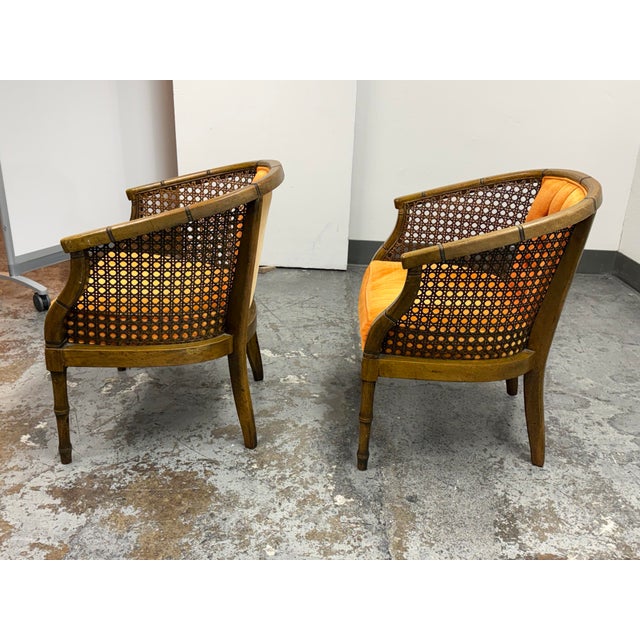 Saffron Velvet Mid 20th Century Cane Barrel Chairs, Pair For Sale - Image 4 of 12