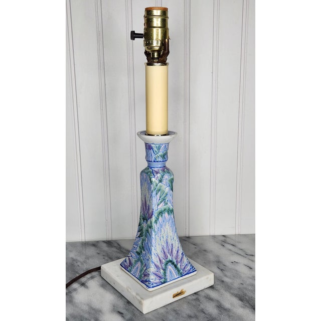Vintage Italian Ceramic Table Lamp | Chinoiserie Feather & Bok Choy Leaf Pattern | Pastel Blue Green Purple Candlestick Accent Lamp For Sale - Image 4 of 16