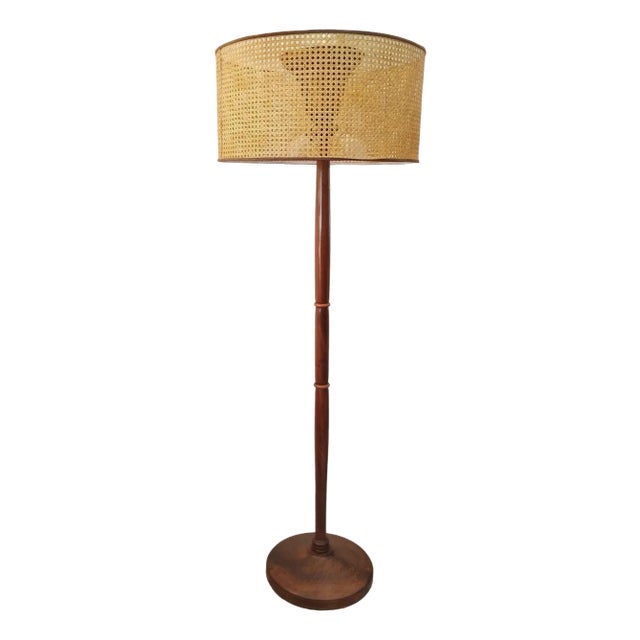 Wood Floor Lamp with Vienna Straw Lampshade, Italy, 1950s For Sale