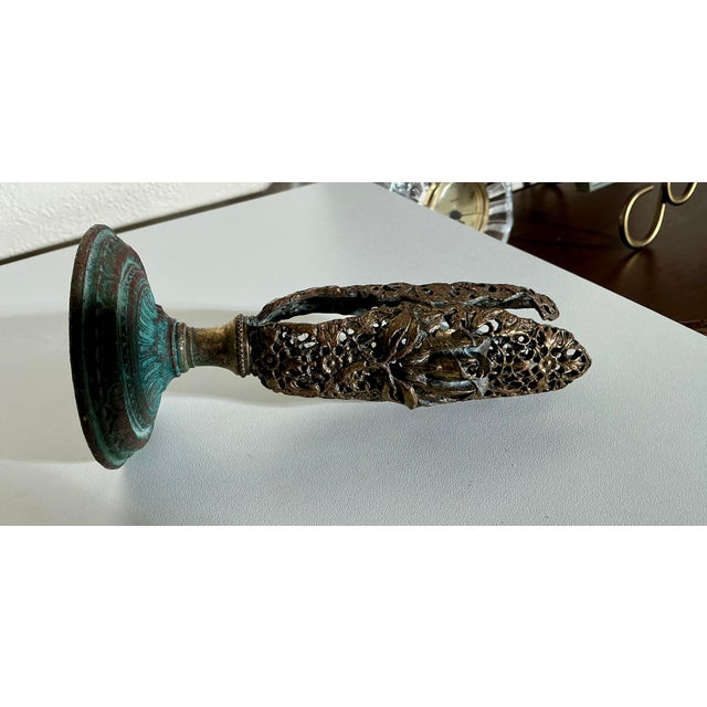 Mid 20th Century Vintage Art Nouveau Openwork Bronze-Finished Metal Pillar Candleholder W Organic Floral Relief For Sale - Image 5 of 11