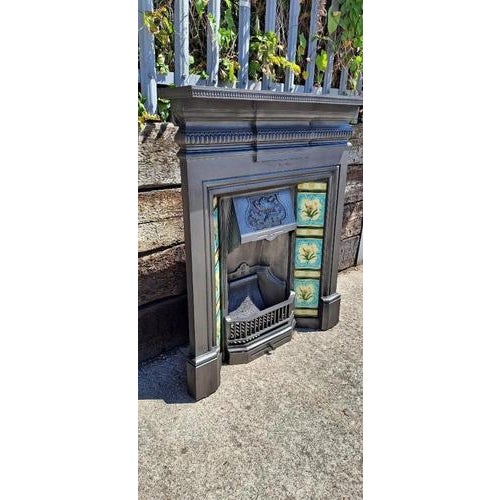 Metal Antique Victorian Cast Iron Tiled Combination Fireplace Surround, 1899 For Sale - Image 7 of 18