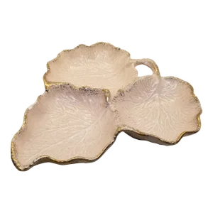 Vintage 1970s California Original Usa 654 Beige Pink With Gold Edging Pottery Leaf Serving Dish