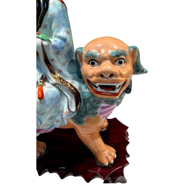 Vintage Chinese Porcelain Immortal W/Child Riding Foo Lion Statue 15" Mark 082 For Sale In Dallas - Image 6 of 16