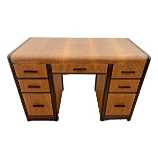 Vintage Art Deco Desk, Waterfall Top, Seven Drawers With Bakelite Pulls, Walnut For Sale