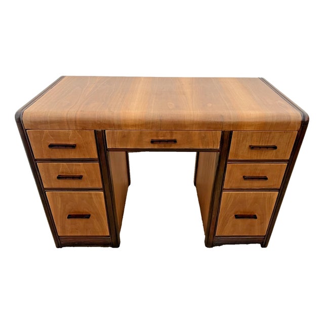 Vintage Art Deco Desk, Waterfall Top, Seven Drawers With Bakelite Pulls, Walnut For Sale