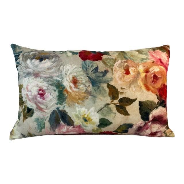 Large Bolster Pillow Decorated With a Colorful Vintage Heirloom Floral Patten Inspired by Oil Paintings of the Great Masters - Made in the U K For Sale