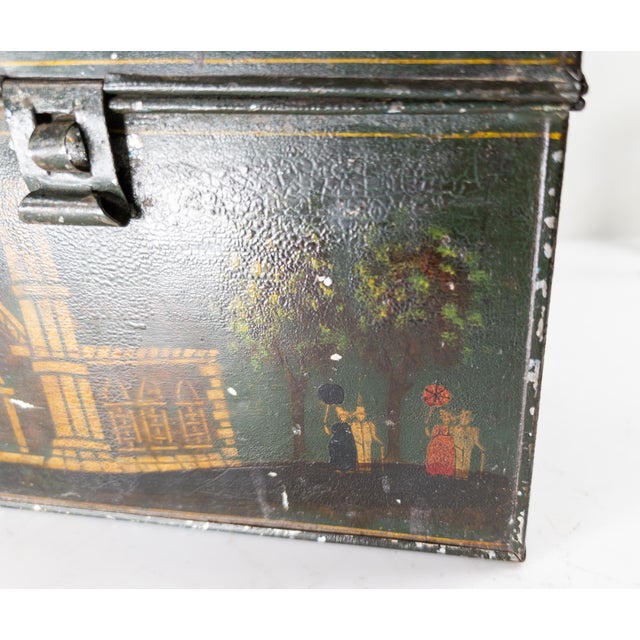19th Century 19th Century Folk Art Americana Primitive Toleware Document Box With Church and Figures For Sale - Image 5 of 16