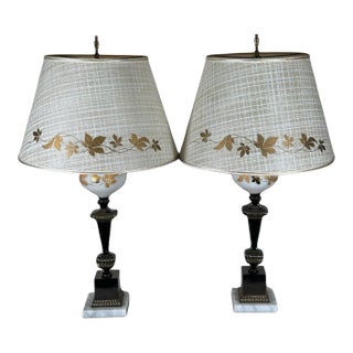 Mid 20th Century Neoclassical Brass and Painted Milk Glass Grapevine Lamps - A Pair For Sale
