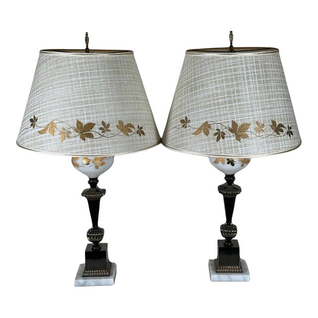 Mid 20th Century Neoclassical Brass and Painted Milk Glass Grapevine Lamps - A Pair For Sale
