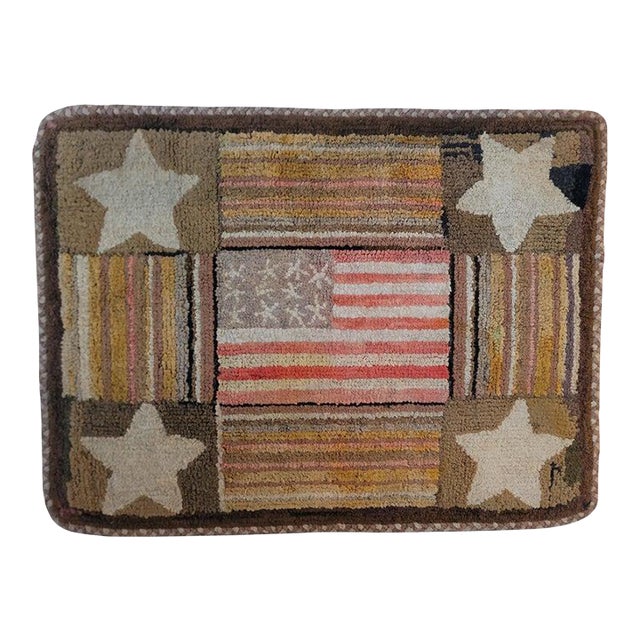19th C American Flag and Stars Hand Hooked Rug For Sale