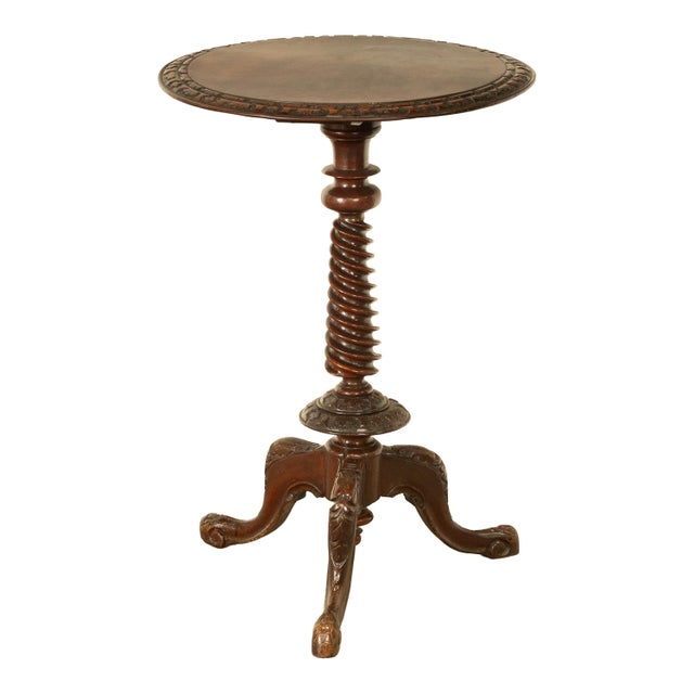 Antique Irish Carved Burl Walnut Spiral Twist Pedestal Tripod Wine Table 1860 For Sale - Image 4 of 18