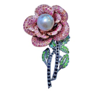 Bochic “Orient” Vintage Pink Sapphire & Pearl Brooch Set 18K Gold & Silver For Sale