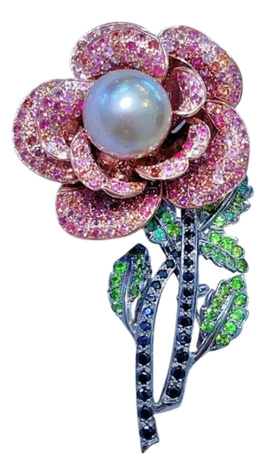 Bochic “Orient” Vintage Pink Sapphire & Pearl Brooch Set 18K Gold & Silver