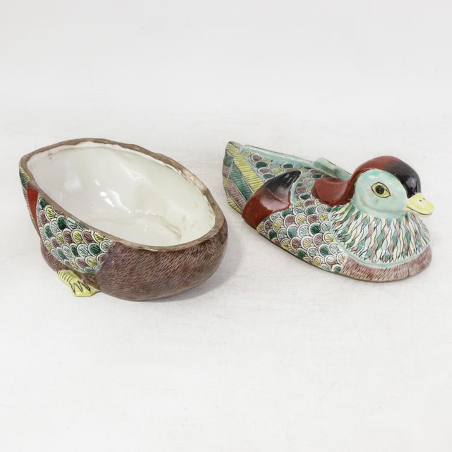 Ceramic Vintage Chinese Famille Verte Porcelain Mandarin Duck Hand-Painted Covered Bowl For Sale - Image 7 of 13