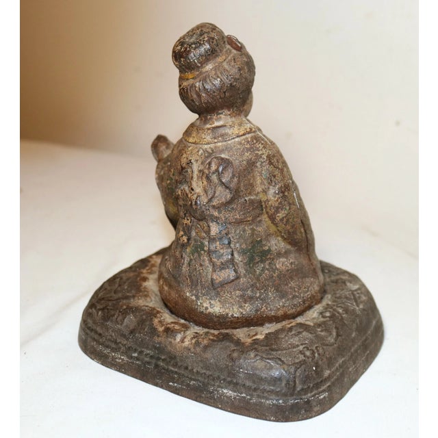 Rare Antique Hubley Cast Iron Japanese Girl Instrument Heavy Figural Doorstop For Sale - Image 4 of 12