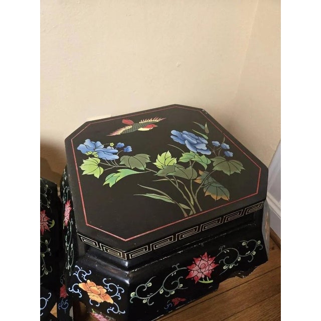 Pair of Vintage Chinese Black Lacquer Hand-Painted Stools or Side ...
