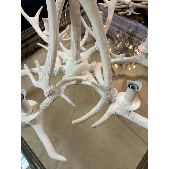 Rustic Large White Painted Faux Buckhorn Chandelier For Sale - Image 3 of 9