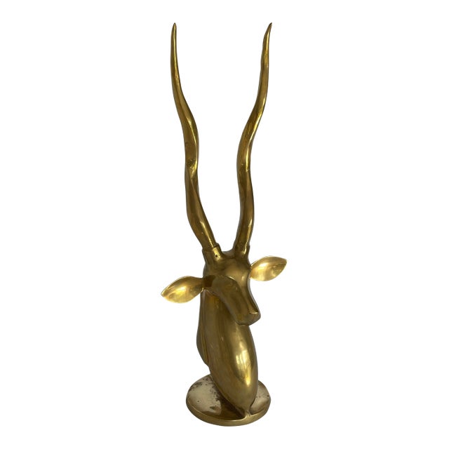 Late 20th Century Roberto Estevez Tall Polished Solid Brass Kudu Sculpture For Sale