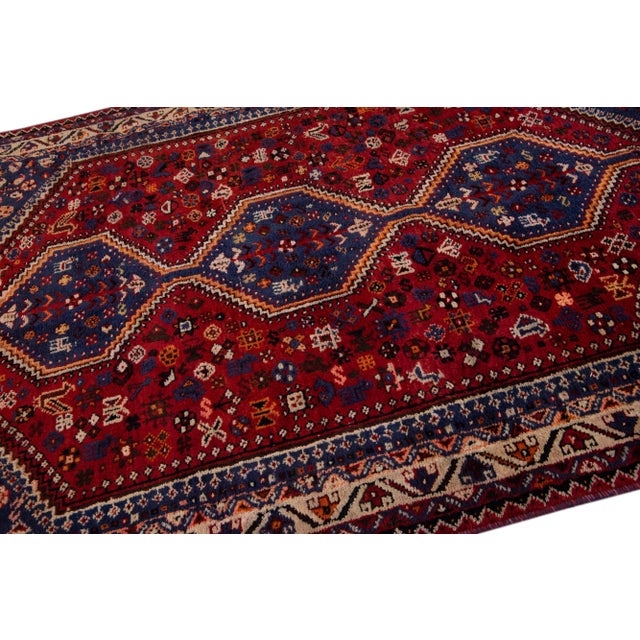 1960s Vintage Persian Shiraz Handmade Navy Blue Medallion Wool Rug For Sale In New York - Image 6 of 7