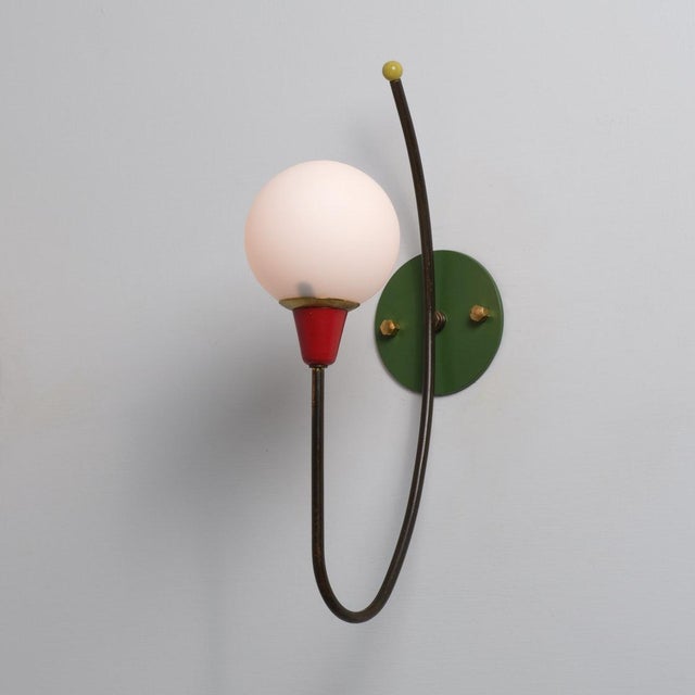 1950s Italian Wall Sconce in Brass, Multicolor Metal and Opaline Glass, 1950s For Sale - Image 5 of 8