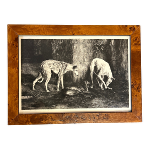 1950’s Original Rustic “Greyhounds” Etching in Burl Wood Frame