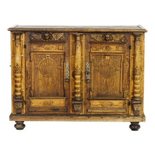 Monumental German Renaissance Revival Carved & Inlaid Cabinet – Figural Panels, Columns & Iron Hardware, Circa 1880 For Sale