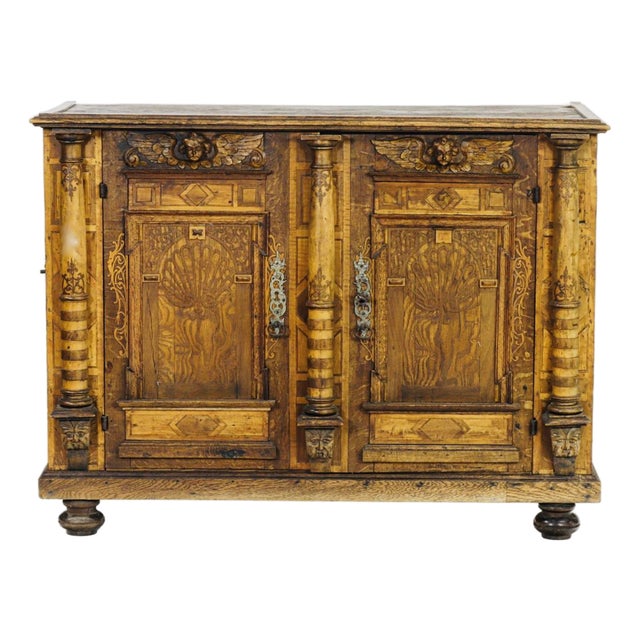 Monumental German Renaissance Revival Carved & Inlaid Cabinet – Figural Panels, Columns & Iron Hardware, Circa 1880 For Sale