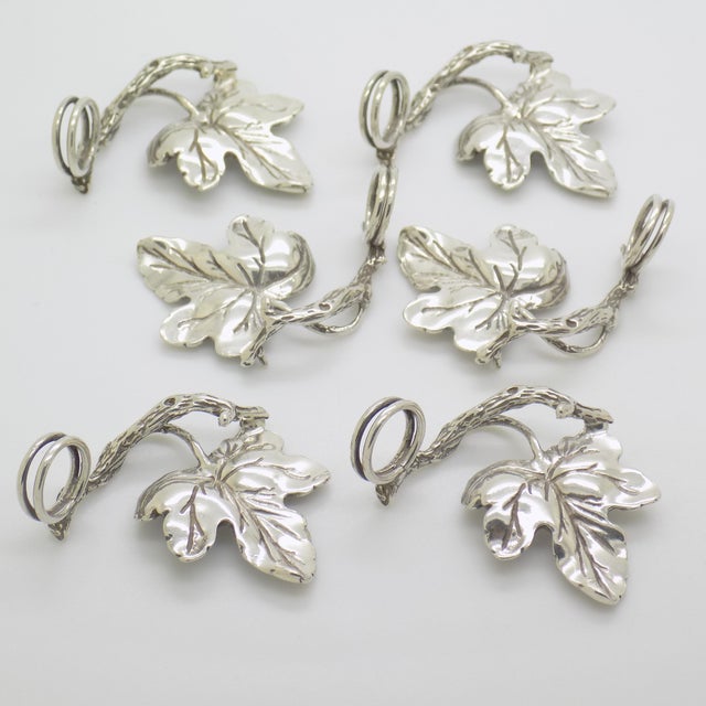 6 X Vintage Italian Handmade Genuine Silver Leaf Shaped Place Card Holder, Made in Tuscany by Arpa Silversmith For Sale - Image 4 of 9
