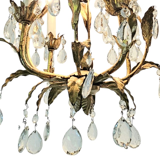 Petite Italian Gilt Tole Chandelier With Crystal Drops, 1950s For Sale In San Francisco - Image 6 of 18