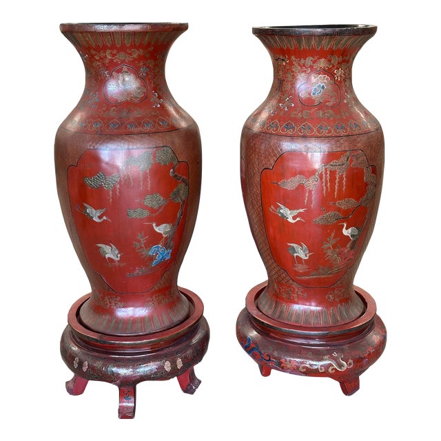 Large 19th Century Chinese Red Lacquered Palace Vases on Stands - A Pair For Sale