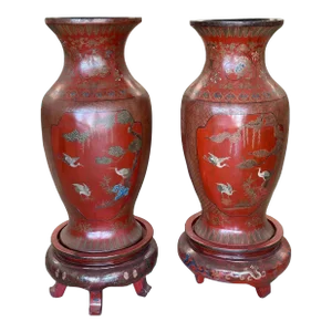 Large 19th Century Chinese Red Lacquered Palace Vases on Stands - A Pair