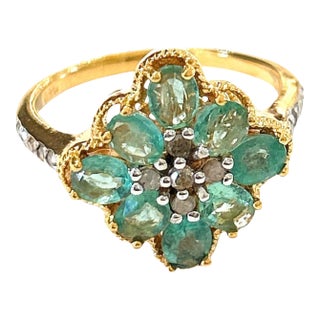 Bochic “Orient” Diamond & Emerald Vintage Cluster Ring Set in 18k & Silver Size 5 For Sale