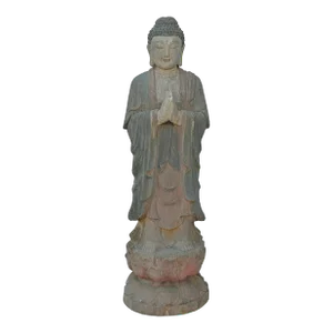 Vintage Rustic Wood Anjali Mudra Standing Buddha Amitabha Shakyamuni Statue