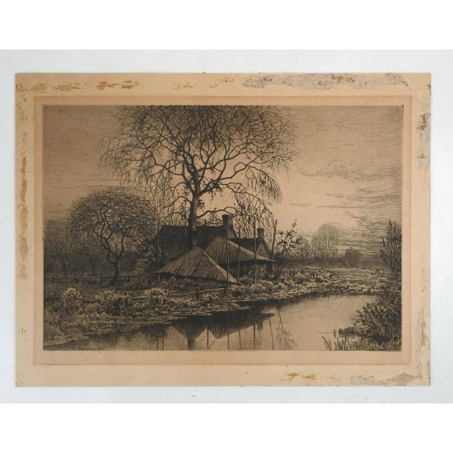 Antique 1887 Pastoral Farmhouse Etching For Sale - Image 4 of 4