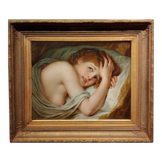 Young Woman Playful in Bed -19th Century Oil Painting For Sale