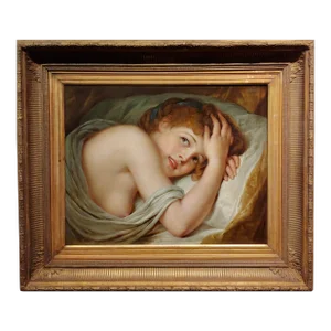 Young Woman Playful in Bed -19th Century Oil Painting