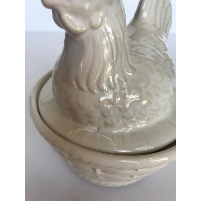 Mid 20th Century White Ceramic Hen Sitting on a Basket Dish Made in Portugal For Sale - Image 5 of 8