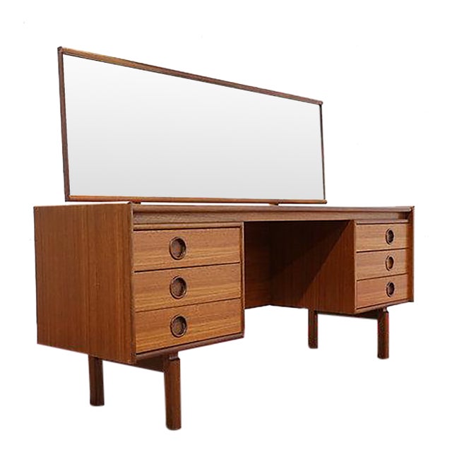 1960s Mid Century Modern Vintage Teak Vanity Desk Dresser by Bath Cabinets For Sale